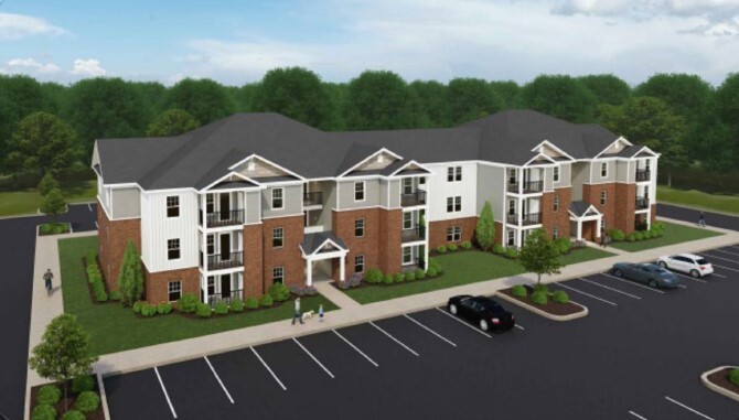 A rendering of an apartment complex.