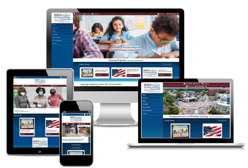 The mobile, desktop, laptop and tablet view of the Greenville Housing Authority's Website.