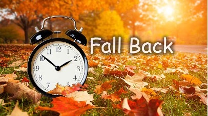 Fall Back, a clock sitting on the ground with autumn leaves.