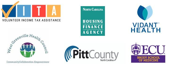 Community Partner Logos: Volunteer income Tax Assistance; NC Housing Finance Agency; Vidant Health; West Greenville Health Council; Pitt County; ECU Brody School of Medicine